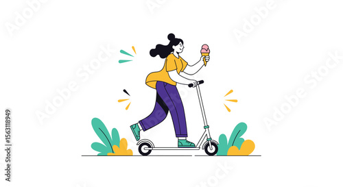 Young woman enjoying an ice cream while riding a scooter through a park on a sunny day