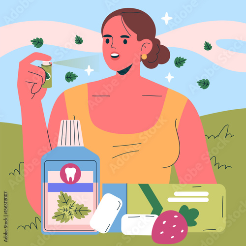 Woman Using Herbal Dental Products Vector Illustration