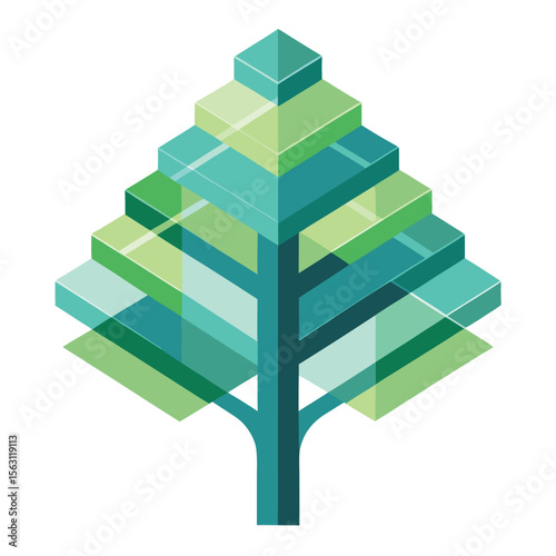 An artistic vector icon of a tree composed of overlapping transparent layers, creating a sense of depth, modern design, and subtle complexity.
