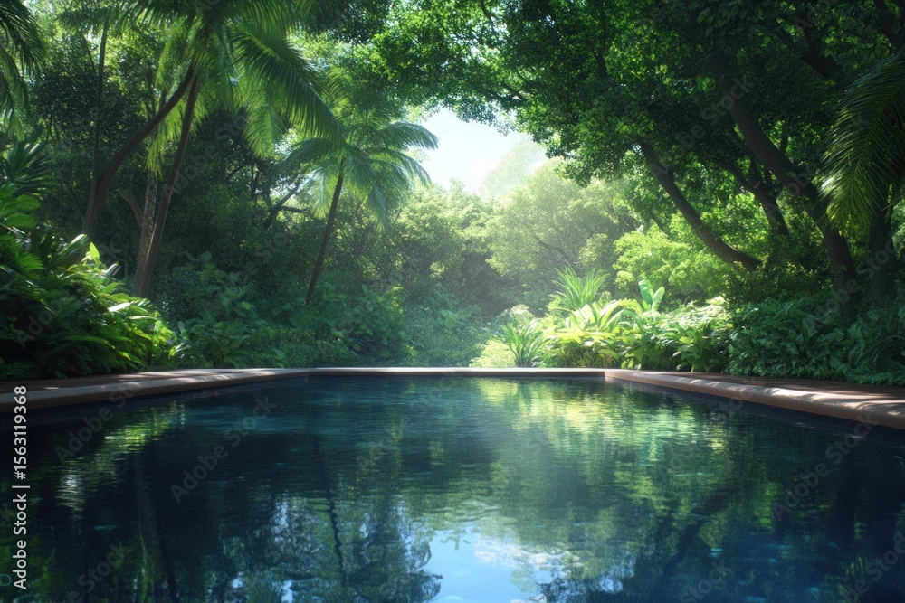 Fototapeta premium Tropical swimming pool in lush green forest with sun rays reflecting on tranquil water serene nature oasis vacation travel destination