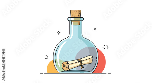 A rolled up parchment scroll sealed with a string inside a transparent glass bottle with a cork stopper surrounded by colorful abstract shapes and small sparkling stars representing a secret message