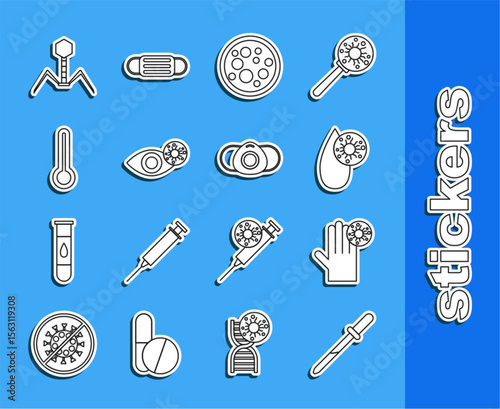 Set line Pipette, Hand with virus, Blood test, Virus, Reddish eye due to, Medical thermometer, Bacteria bacteriophage and protective mask icon. Vector