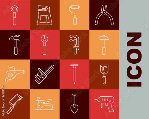Set line Electric drill machine, Putty knife, Hammer, Paint roller brush, Adjustable wrench, Claw hammer, Wrench spanner and Clamp tool icon. Vector