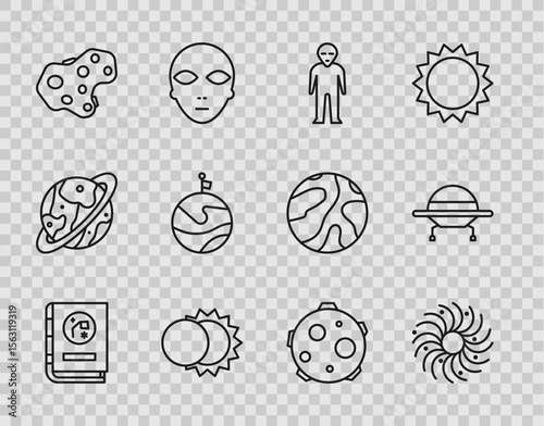 Set line Book by astronomy, Black hole, Alien, Eclipse of the sun, Asteroid, Moon with flag, UFO abducts cow and flying spaceship icon. Vector