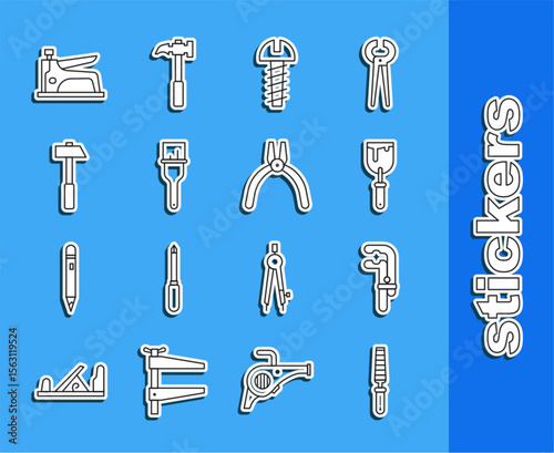 Set line Chisel tool for wood, Clamp, Putty knife, Metallic screw, Paint brush, Hammer, Construction stapler and Pliers icon. Vector