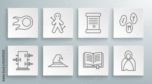 Set line Trunk for magic tricks, Voodoo doll, Witch hat, Ancient book, Mantle, cloak, cape, Decree, paper, parchment, scroll, Magic runes and Fireball icon. Vector