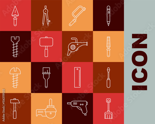 Set line Snow shovel, Screwdriver, Chisel tool for wood, Hacksaw, Sledgehammer, Metallic screw, Trowel and Leaf garden blower icon. Vector