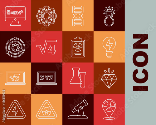 Set line Radioactive in location, Diamond, Light bulb with lightning, DNA symbol, Square root of 4 glyph, Solar system, Equation solution and Radiation warning document icon. Vector
