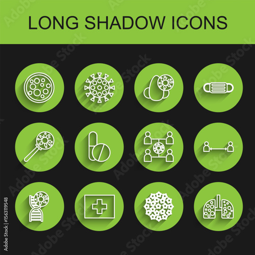 Set line DNA symbol and virus, First aid kit, Virus, cells in lung, Medicine pill or tablet, Safe distance and spread icon. Vector
