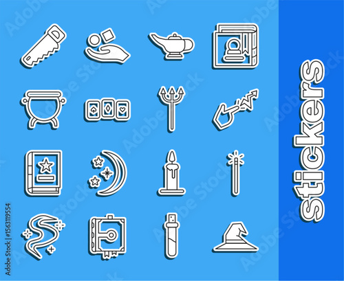 Set line Witch hat, Magic wand, Spell, lamp or Aladdin, Playing cards, cauldron, Hand saw and Neptune Trident icon. Vector