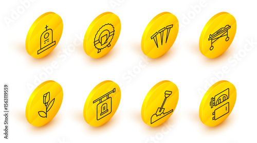 Set line Crematorium, Shovel in the ground, Signboard tombstone, Flower rose, Dead body morgue, Metallic nails, Memorial wreath and Grave with icon. Vector