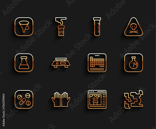 Set line Medicine pill or tablet, Medical rubber gloves, Funnel filter, Chemical online, Gaseous, Electronic scales, Cracked flask and Periodic icon. Vector