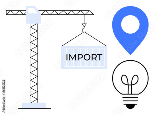 Cargo crane lifting an import container with a blue location pin and light bulb adjacent. Ideal for trade, logistics, innovation, supply chain, international business, infrastructure, flat simple