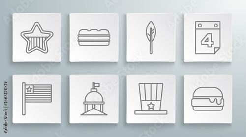 Set line American flag, Sandwich, White House, Patriotic top hat, Burger, Indian feather, Calendar with date July 4 and USA Independence day icon. Vector