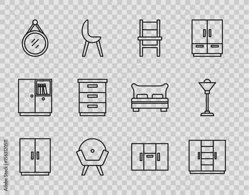 Set line Wardrobe, Chair, Armchair, Mirror, Furniture nightstand, and Floor lamp icon. Vector