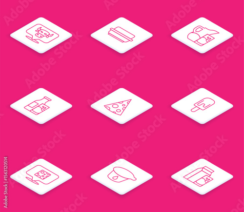 Set line Cow head, Butter in butter dish, Milk jug or pitcher and glass, Bottle milk, Cheese, Ice cream, and Yogurt container icon. Vector