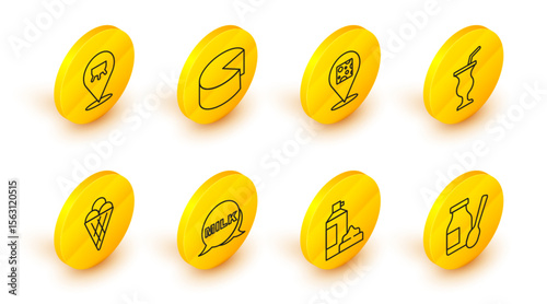 Set line Drinking yogurt in bottle, Whipped cream, Lettering milk, Ice waffle cone, Milkshake, Cheese, and Udder icon. Vector