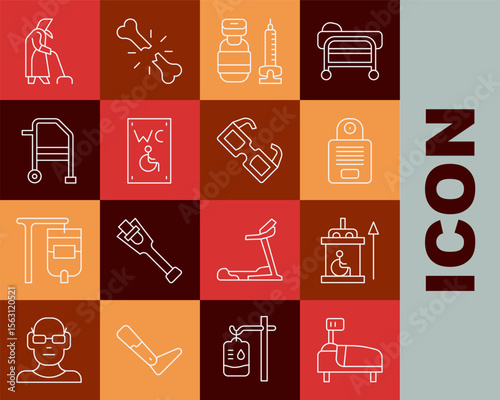 Set line Hospital bed, Elevator for disabled, Intercom, Syringe, Separated toilet, Walker, Grandmother and Eyeglasses icon. Vector