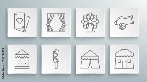 Set line Ticket box office, Curtain, Corn dog, Circus tent, Ferris wheel, Cannon and Playing card icon. Vector