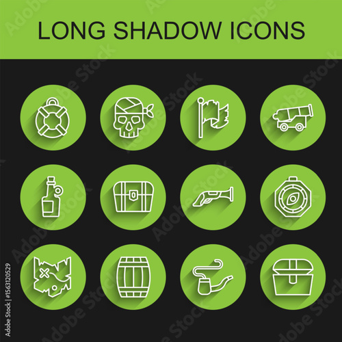 Set line Pirate treasure map, Wooden barrel, Lifebuoy, Smoking pipe, Antique chest, Compass and Vintage pistol icon. Vector