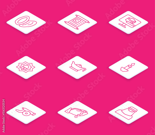 Set line Date fruit, Holy book of Koran, Kaaba mosque, Muslim Mosque, Oil lamp, Burning candle, Ramadan cannon and Hands praying position icon. Vector