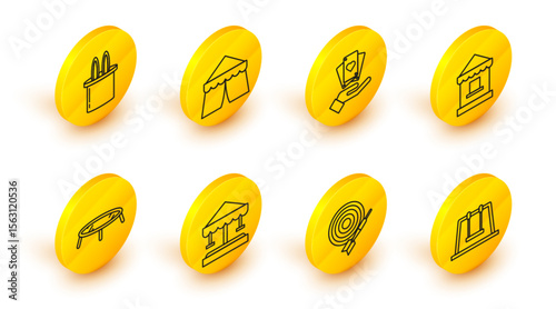 Set line Swing, Classic dart board and arrow, Attraction carousel, Jumping trampoline, Ticket box office, Hand holding playing cards, Circus tent and Magician hat rabbit ears icon. Vector