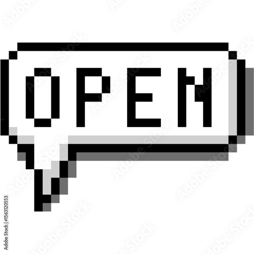 Pixel open bubble speech vector, indicating availability or new content in a retro style. Ideal for digital interfaces, gaming, or nostalgic communication, suggesting interaction.
