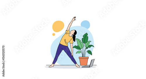 A woman practicing yoga and stretching her body while watching a tutorial on her laptop in a bright room with a plant