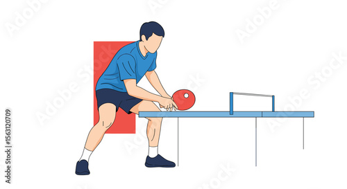 Athletic man playing table tennis sports on a wooden table with a red ball during a match competition