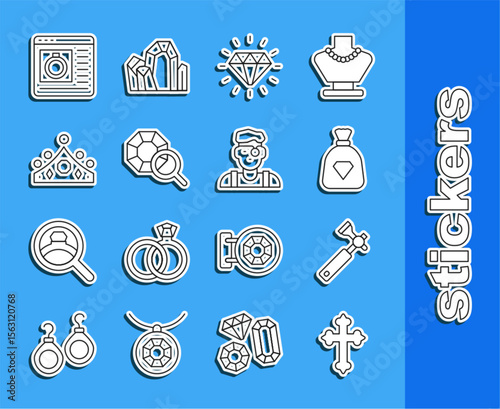 Set line Christian cross, Jewelers lupe, Bag with gems, Diamond, Gem stone, King crown, Jewelry online shopping and man icon. Vector