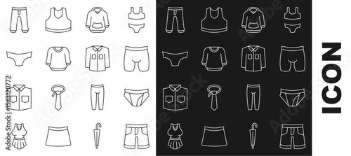 Set line Short or pants, Men underpants, Cycling shorts, Hoodie, Sweater, Pants and Shirt icon. Vector