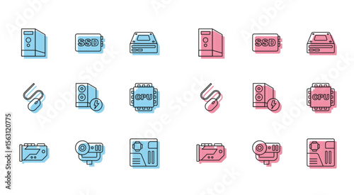 Set line Video graphic card, Web camera, Case of computer, Motherboard digital chip, Processor with CPU, Computer mouse and SSD icon. Vector