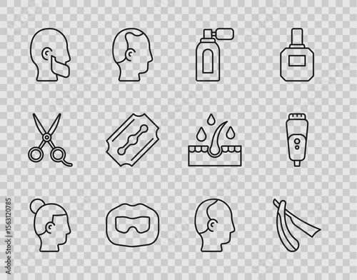 Set line Hairstyle for men, Straight razor, Aftershave with atomizer, Mustache and beard, Blade, Baldness and Electric blade icon. Vector