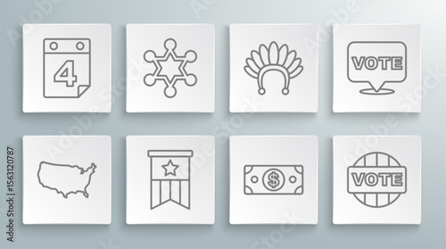 Set line USA map, Hexagram sheriff, American flag, Stacks paper money cash, Vote, Indian headdress with feathers, and Calendar date July 4 icon. Vector