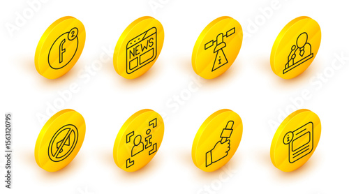 Set line Information, Journalist news, Television report, Censored stamp, Breaking, Satellite, News and Create account icon. Vector