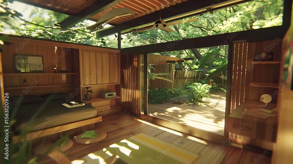 Serene bedroom sanctuary seamlessly blends indoor living with lush exterior nature haven Serene bedroom sanctuary seamlessly blends indoor living with lush exterior nature haven