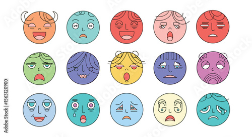 A collection of diverse emoticon faces expressing a wide range of human emotions and feelings