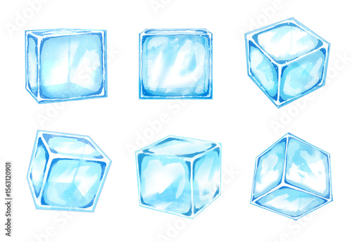 氷のイラスト素材セット　アイス　キューブ　四角形　青　水色