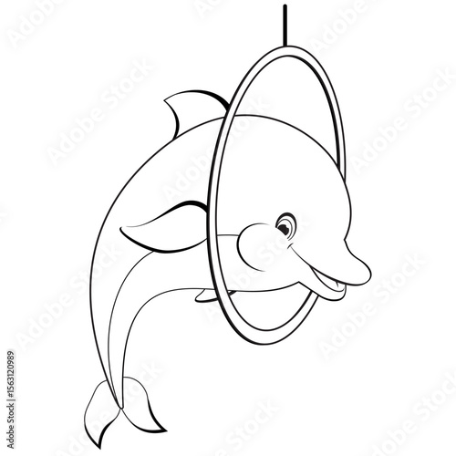 A cheerful dolphin jumping through ring. Coloring.