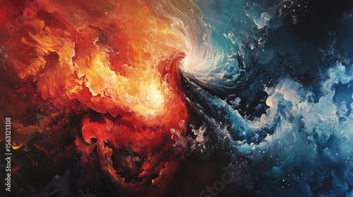 Swirling Abstract Art Depicting Fire and Ice in Dynamic Composition