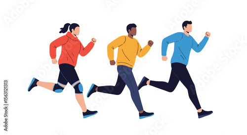 Three diverse people running together in a race enjoying healthy lifestyle and fitness activity