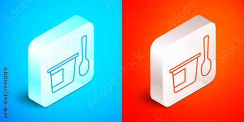 Isometric line Yogurt container with spoon icon isolated on blue and red background. Yogurt in plastic cup. Silver square button. Vector