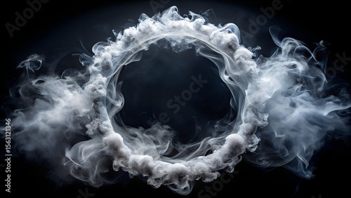 A mesmerizing ring of ethereal white smoke gracefully floats against a stark black background, creating an abstract and artistic visual effect