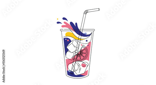 Refreshing cold beverage illustration with vibrant colorful splash and ice cubes in a transparent cup with a straw