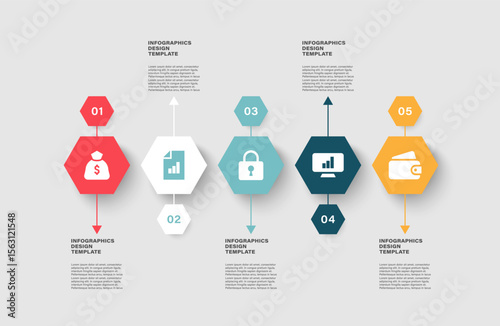 Hexagons vector infographic template for five steps or processes. Vector infographic layout with icons