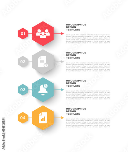 Vertical infographic template with four steps or options. Hexagons vector infographic layout with icons