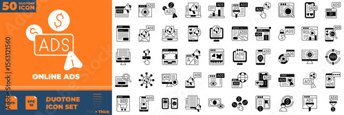 Online Ads Duotone Editable Icons set. Vector illustration in modern thin duotone style of online ads icons: ad, marketing, advertise, etc