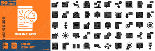 Online Ads Solid Editable Icons set. Vector illustration in modern thin solid style of online ads icons: ad, marketing, advertise, etc