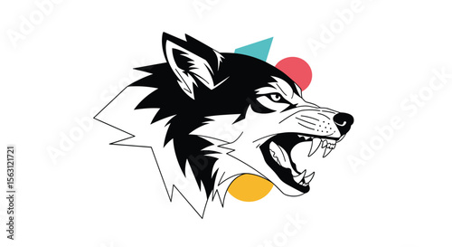 A fierce wolf head illustration featuring geometric shapes and vibrant colors creating a striking modern design