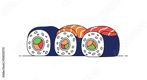 Vibrant fresh sushi rolls assortment featuring raw fish and rice wrapped in seaweed delicious japanese cuisine concept illustration